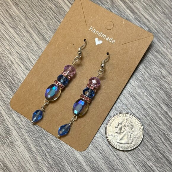Handmade Pink & Blue Crystal Beaded Dangle Earrings - Picture 3 of 3